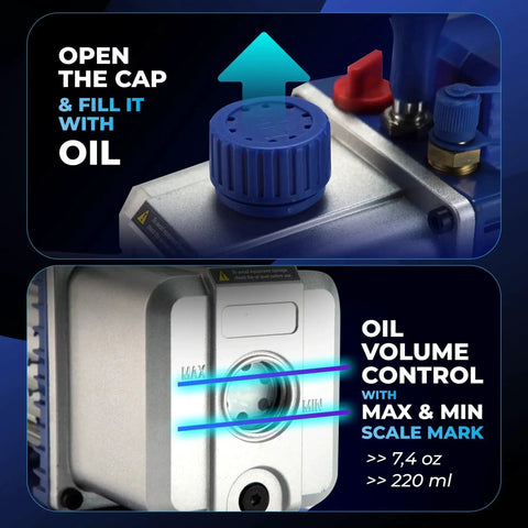 Powerful 4 CFM HVAC Vacuum Pump With Dual Inlet Ports For Auto AC Systems showing oil fill cap and volume control gauge.