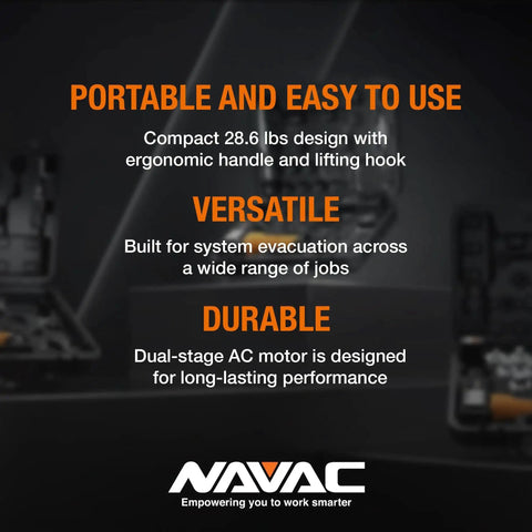 Portable, versatile, and durable features of NAVAC vacuum pump, emphasizing compact 28.6 lb design and dual-stage motor.