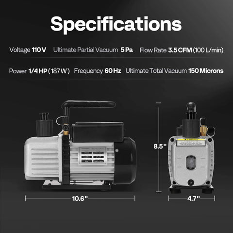 Specifications of VIVOHOME 110V 1/4 HP 3.5 CFM Single Stage Rotary Vane HVAC Vacuum Pump with dimensions and technical details shown