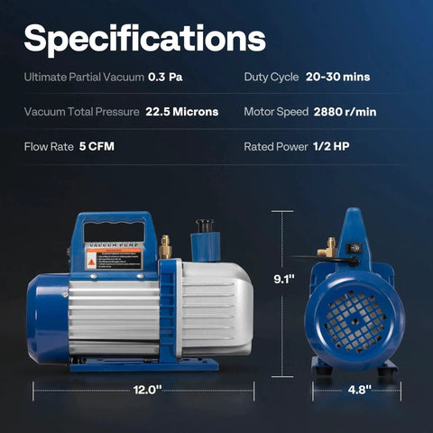 Specifications of Efficient 110V One Half HP HVAC Vacuum Pump Kit with Two Stage Pumping and 5 CFM Flow by VIVOHOME