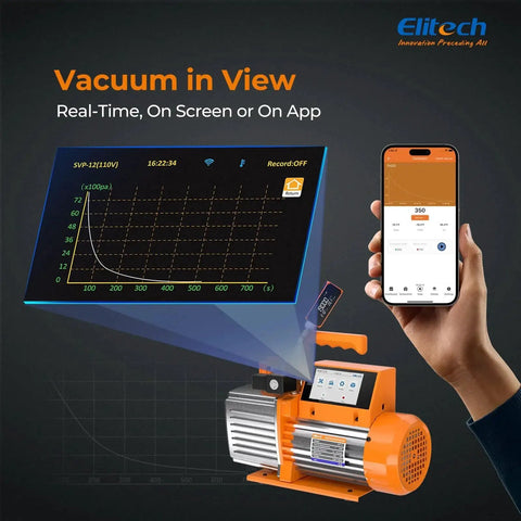 7 CFM Dual Stage HVAC Vacuum Pump With Smart Wireless Micron Gauge And 4 Inch Touchscreen Data Logging For AC And Mini Split Evacuation, 0.75 HP, R134a And R410a Compatible SVP 7 Pro App Enabled With VGW-Mini Elitech, shown with app interface