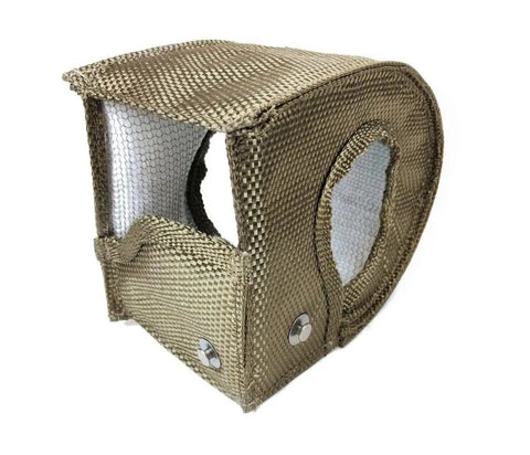 Durable Lava Exterior Turbo Blanket Insulating Cover for HX35W Turbocharger with stainless rivet fasteners, outside view.