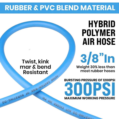 Hybrid Air Hose Three Eighths Inch By Twenty Five Feet 300 PSI Heavy Duty Lightweight Kink Resistant Blue PVC Blend