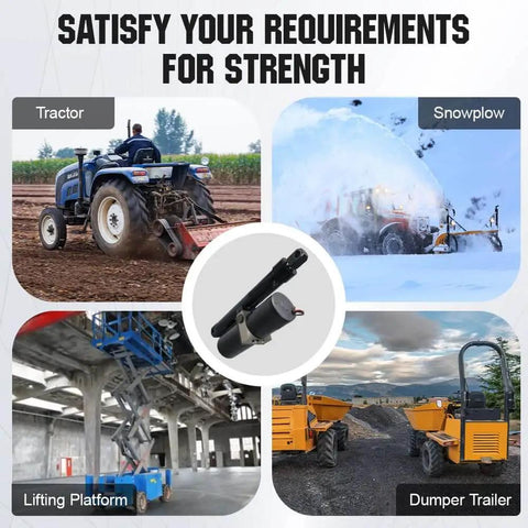 Workhorse Heavy Duty Hydraulic Linear Actuator With 8000N Push Force 12V DC Motor 12 Inch Stroke displayed with applications: tractor, snowplow, lifting platform, dumper trailer.