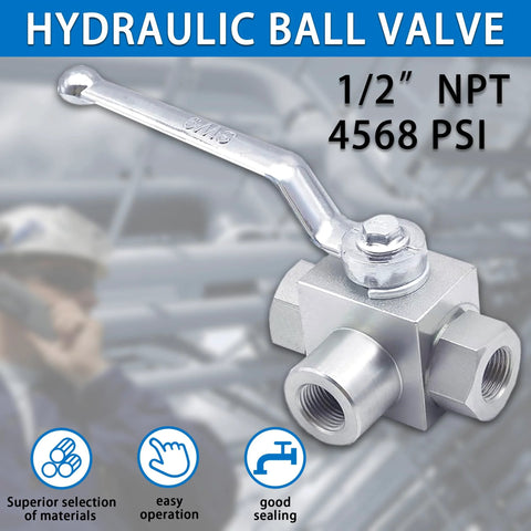 Hydraulic 3-way ball valve, 1/2 in NPT, chrome body, high-pressure 4568 PSI, lever handle