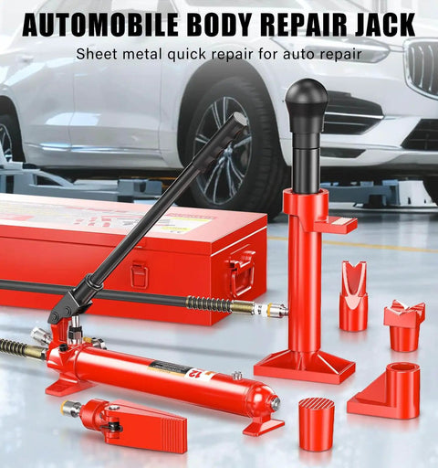 Pro Grade 12 Ton Hydraulic Body Repair Kit With Portable Floor Jack Ram Pump Set displayed in garage setting
