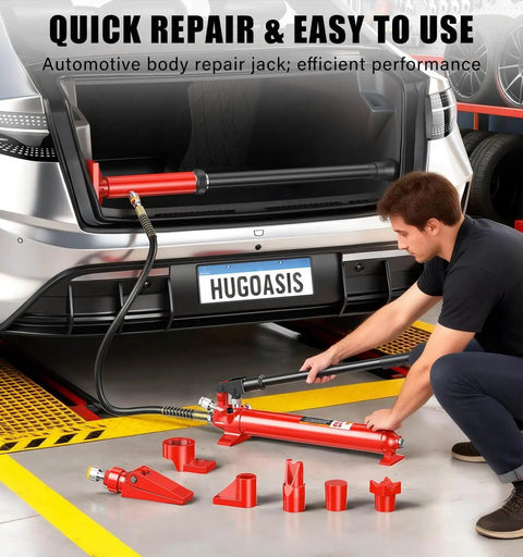 Pro Grade 12 Ton Hydraulic Body Repair Kit With Portable Floor Jack Ram Pump Set, visible in use for auto body repair