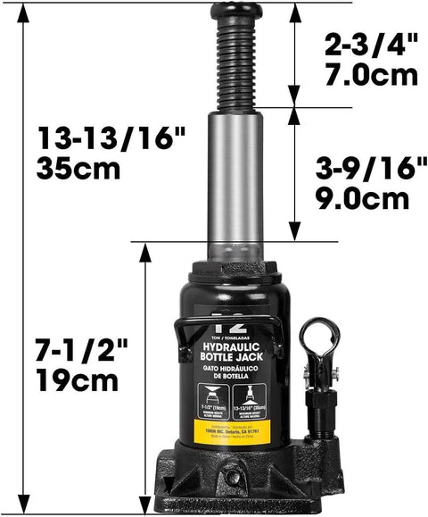 Beefy 12 Ton Hydraulic Bottle Jack For Cars And SUVs With 24,000 Lbs Lift, 7.5 To 13.8 Inch Lift Range, Serrated Saddle, Black Finish