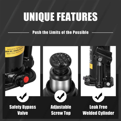 Features of Beefy 10 Ton Hydraulic Bottle Jack For Auto Repair And Home Lifts With Wide Lift Range And Serrated Heat Treated Saddle By Torin