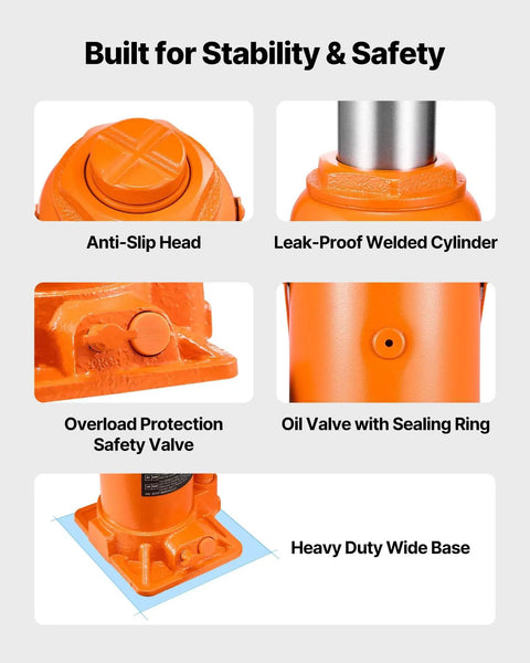 Close-up of Heavy Duty 20 Ton Hydraulic Bottle Jack With 7.5 To 14 Inch Lift Range All Welded Construction showing features