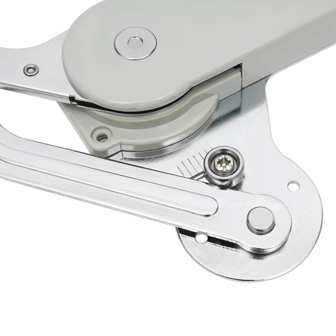 Close-up of hydraulic buffer cabinet door hinge, vertical swing lift up hinge for 7.7-8.8lbs doors, shown in chromium plated iron.