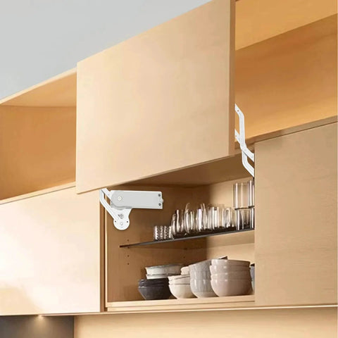 Hydraulic Buffer Cabinet Door Hinges, Vertical Swing Lift Up Hinge installed on a kitchen cabinet showing lift mechanism.