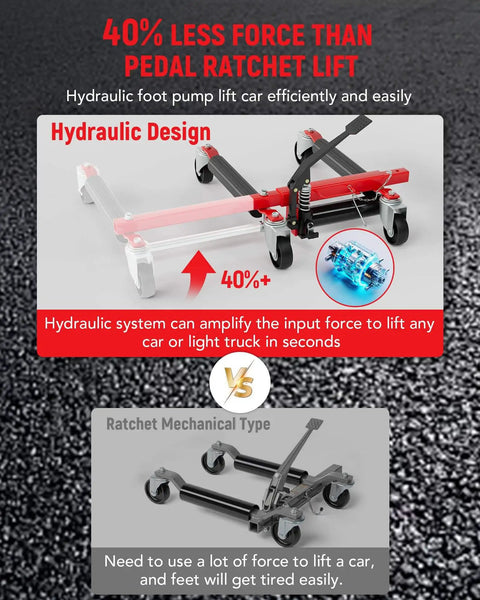 Heavy Duty 4 Pack Hydraulic Car Wheel Dollies With Foot Pedal, 6,000 Lbs Total Capacity, showing hydraulic foot pump design
