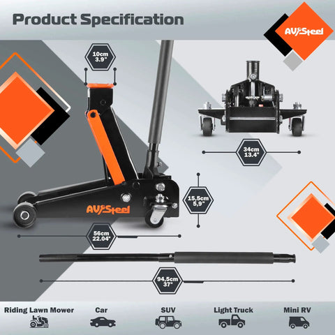 Beast Mode 3 Ton Floor Jack For Cars, Trucks And SUVs, Hydraulic Quick Lift With Single Piston Pump, 5.5 To 18.5 Inch Lift Range, Durable Steel Construction, AV Steel displayed with specifications and measurements.