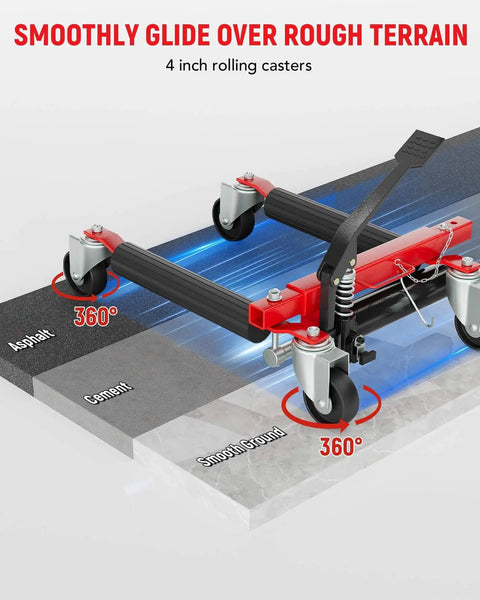 Heavy Duty 4 Pack Hydraulic Car Wheel Dollies With Foot Pedal, 6,000 Lbs Total Capacity, Red dolly with 360-degree swivel wheels