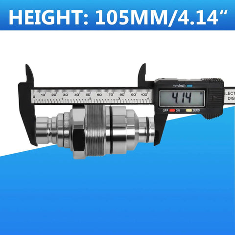 Beefy Hydraulic Male Flat Face Quick Coupler With 48mm Thread shown with caliper measuring 105mm