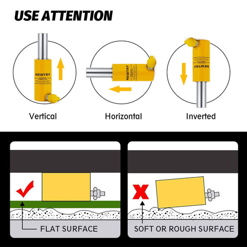 Diagrams of 10 ton Hydraulic Cylinder Long Jack 4” Stroke for safe positions and surface use, showing vertical and horizontal alignment.