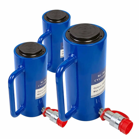 Three blue hydraulic cylinder rams with handles and quick couplers; Workhorse 20 Ton Hydraulic Cylinder Ram Single Acting With 6 Inch Stroke 10,000 PSI Max Three Eighth Inch NPT Quick Coupler Hard Black Oxide Ram Heat Treated Steel Shell Portable High Pressure Lifting Jack For Heavy Lifts And Maintenance
