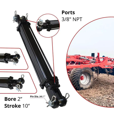 Workhorse Double Acting Tie Rod Hydraulic Cylinder For Agriculture, 2 Inch Bore 10 Inch Stroke with 3/8 Inch NPT Ports