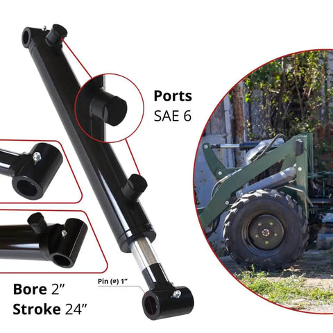 Direct From Manufacturer 2 Inch Bore 24 Inch Stroke Welded Heavy Duty Hydraulic Cylinder With Cross Tube Ends Double Acting Piston 3500 PSI Rating 8400 Lb Load SAE 6 Ports Universal Hydraulic Ram Magister, shown with close-up of cylinder and installed view on equipment