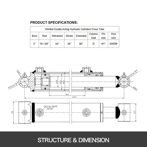 Diagram of Welded Double Acting Hydraulic Cylinder, 2" Bore, 36" Stroke, Work Pressure 3000psi, Cross Tube, Port Size SAE6, 2x36 inches.