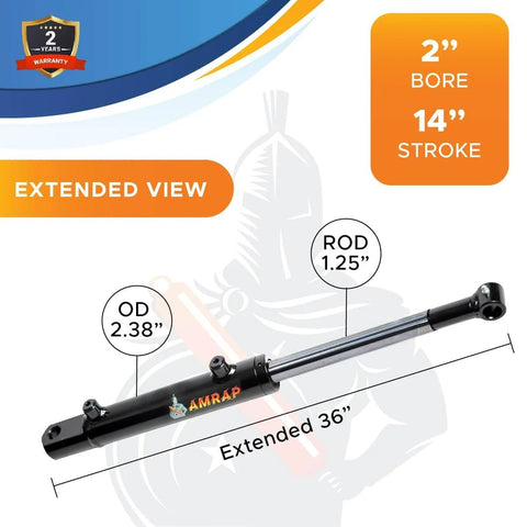 ✝️ 2x14 Hydraulic Cylinder - 2 Inch Bore, 14 Inch Stroke Double Acting Hydraulic Cylinder Welded Tang Universal Replacement Cylinder - SAE 6 Ports, 3500 PSI - Hydraulic Cylinder - Double Acting - Welded - Bore: 2, Stroke: 14, Working pressure: 3500, featuring extended view with dimensions.