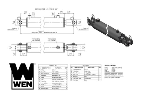 Technical drawing of hydraulic cylinder with 3-inch bore and 12-inch stroke, detailed specifications and components shown.