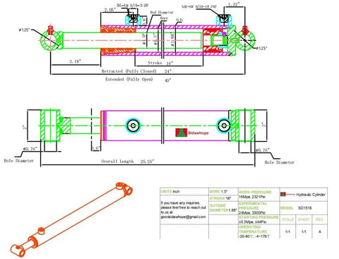 Technical diagram of Heavy Duty Hydraulic Cylinder 1.5 Inch Bore 16 Inch Stroke 3500 PSI Double Acting SAE 6 Port Lifting Cylinder Sidawhope Universal Hydraulic Cylinders Built With Welded Cross Tube Ends and High Tensile Seals for Harsh Conditions.