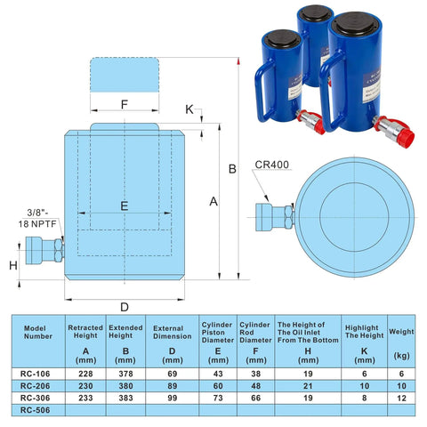 Diagram and specifications chart of Workhorse 20 Ton Hydraulic Cylinder Ram Single Acting With 6 Inch Stroke 10,000 PSI Max