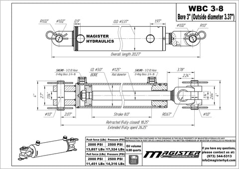 Technical drawing of a ✝️ Double Acting Hydraulic Cylinder - AG Clevis Hydraulic Cylinder 2500 PSI tie-Rod Alternative 3" bore 8" Stroke (3x8)
