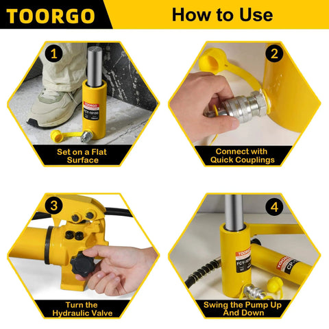 Heavy Duty 10 Ton 4 Inch Stroke Porta Power Single Acting Hydraulic Lifting Cylinder Jack for Shipbuilding Machinery and Industry with Auto Retract Yellow by Dooroom shown in usage steps illustration