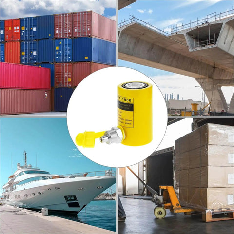 Hydraulic Cylinder Jack 10 Ton Porta Power Kit With 2 Inch Stroke Heavy Duty Single Acting Ram For Lifting Jacking And Shoveling With Automatic Retraction And Oil Hose Included in use with shipping containers, bridge construction, yachting, and warehouse pallet lifting.