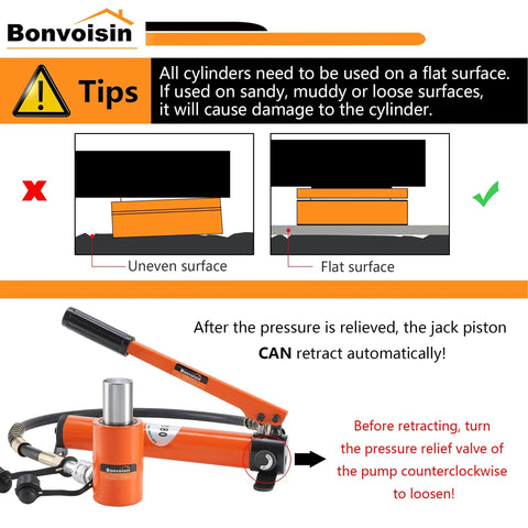 Bonvoisin tips for using a 20T Hydraulic Cylinder Jack Porta Power Ram, showing proper and improper usage on surfaces.