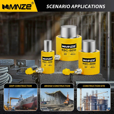 10 Ton Hydraulic Cylinder Jack Kit With 2 Inch Stroke And CP 180 Hand Pump Porta Power Ram Single Acting Auto Retract displayed with application scenarios including ship, bridge, and construction site use. Yellow jacks with labels RSC-1050, RSC-3050, RSC-5050.