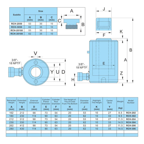 Technical drawing and dimensions of 20 Ton Hollow Hydraulic Cylinder Jack With 4 Inch Stroke for Heavy Duty Lifting.
