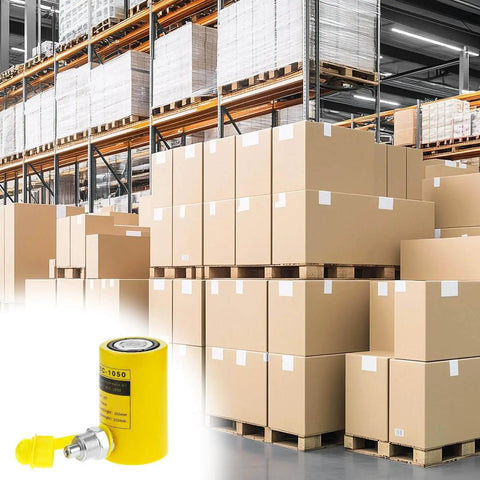 Hydraulic Cylinder Jack 10 Ton Porta Power Kit With 2 Inch Stroke Heavy Duty Single Acting Ram in a warehouse setting.