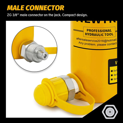 Close-up of ZG 3/8” male connector on hydraulic cylinder jack, showing compact design and detailed view of connector area.