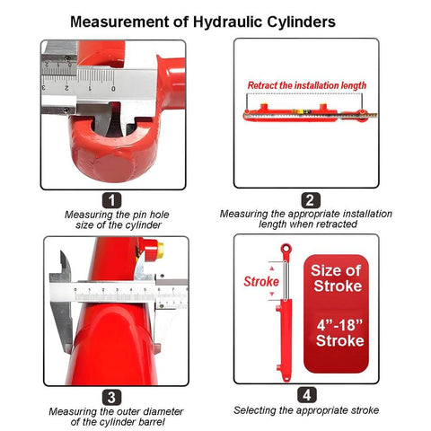 Measurement guide for hydraulic cylinders, showing steps for pin hole size, installation length, outer diameter, and stroke size