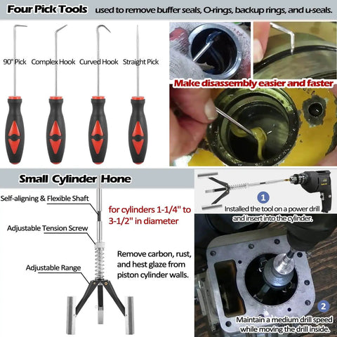 Heavy Duty 17 Piece Hydraulic Cylinder Repair Tool Kit For Skid Steers, Loaders, Backhoes, And Tractors With Gland Spanner Wrench depicted