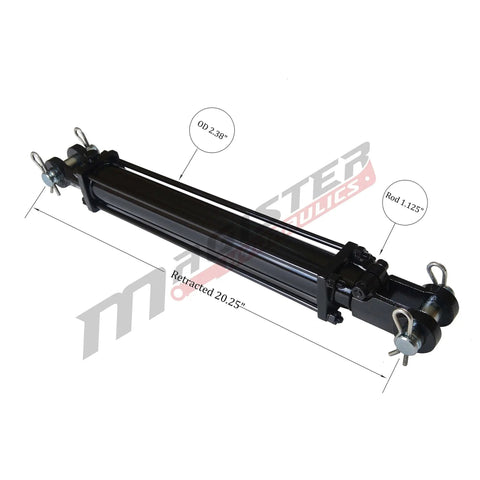 Workhorse Double Acting Tie Rod Hydraulic Cylinder For Agriculture, 2 Inch Bore 10 Inch Stroke, 2500 PSI, Welded Construction, Three Eighths Inch NPT Ports, Farm Grade AG Series Magister Hydraulics in side view.