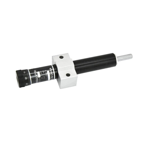 Front view of Hydraulic Damper Regulator RB 2430 for 30mm stroke, compact and oil-filled, showcasing adjustable speed control dampers.