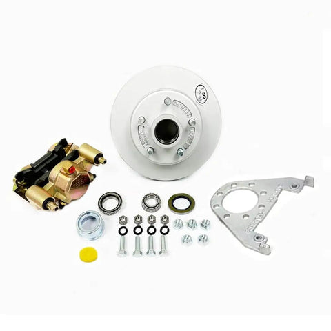 Beefed Up Maxx Kit Hydraulic Actuator 3500 Lb Integral Disc Brake System For A Single Axle With Gold Zinc Calipers Demco Actuator 8705101 Blocking Solenoid DeeMaxx Hose Kit 18 Foot TruRyde Bearings Southwest Wheel components and accessories displayed on a white background.