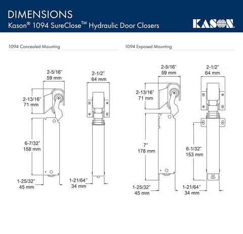 Diagram showing dimensions for Hydraulic Door Closer, Exposed Mounting, 11094000003 with measurement details.