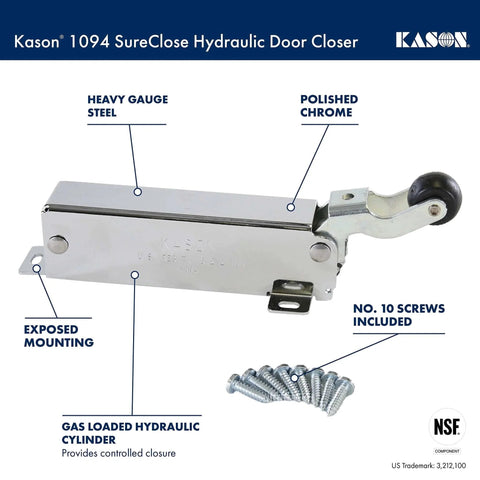 Hydraulic Door Closer, Exposed Mounting, 11094000003 with polished chrome finish and exposed mounting, shown with screws