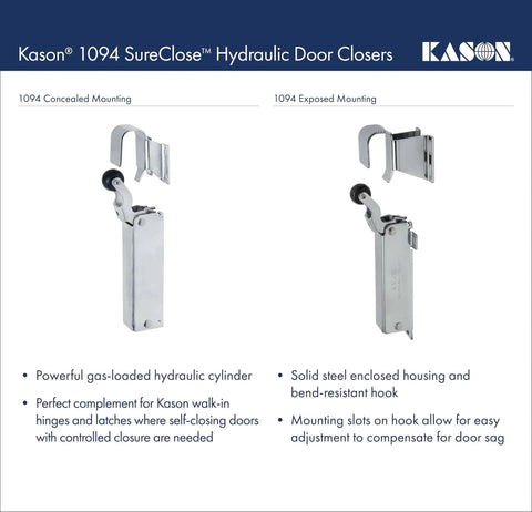 Kason 1094 SureClose hydraulic door closers showing concealed and exposed mounting options for heavy-duty use.