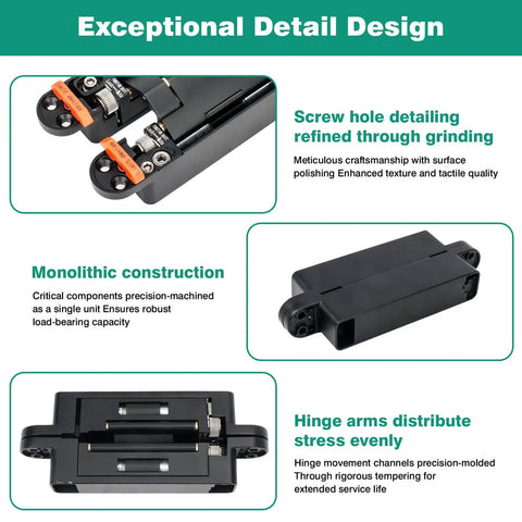 Concealed hydraulic 7-inch door hinges deliver smooth self-closing action with detailed screw holes and monolithic construction.