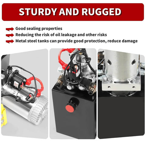 12V DC Hydraulic Power Device 10 Quart Single Acting Hydraulic Dump Trailer Pump close-up showing rugged steel housing