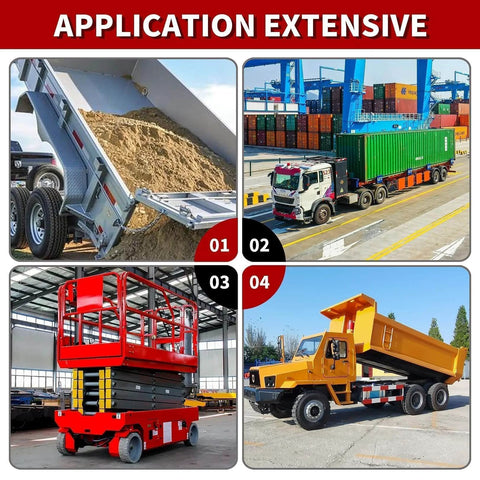 12V DC Hydraulic Power Device 10 Quart Single Acting Hydraulic Dump Trailer Pump applications, showing trucks and lift equipment