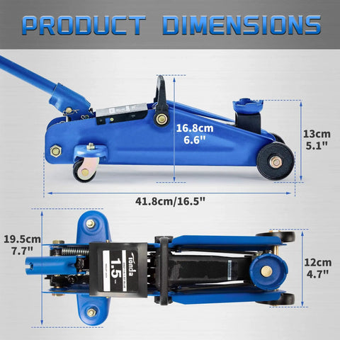 Hydraulic Floor Jack 1.5 Ton Portable Car Lift With 4.9 To 11.8 Inch Lift Range Blue Durable Steel Construction dimensions