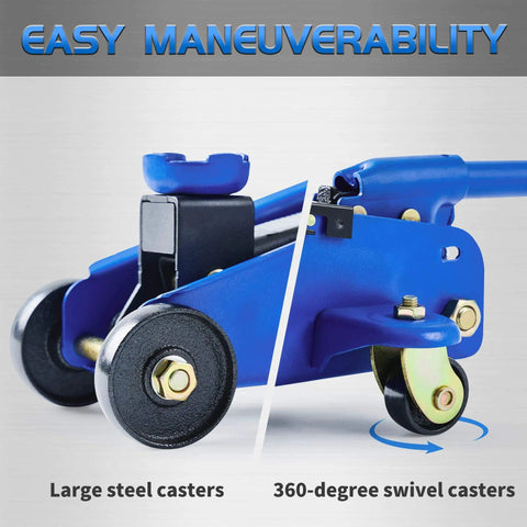 Close-up of blue steel hydraulic floor jack with 360-degree swivel casters demonstrating maneuverability.
